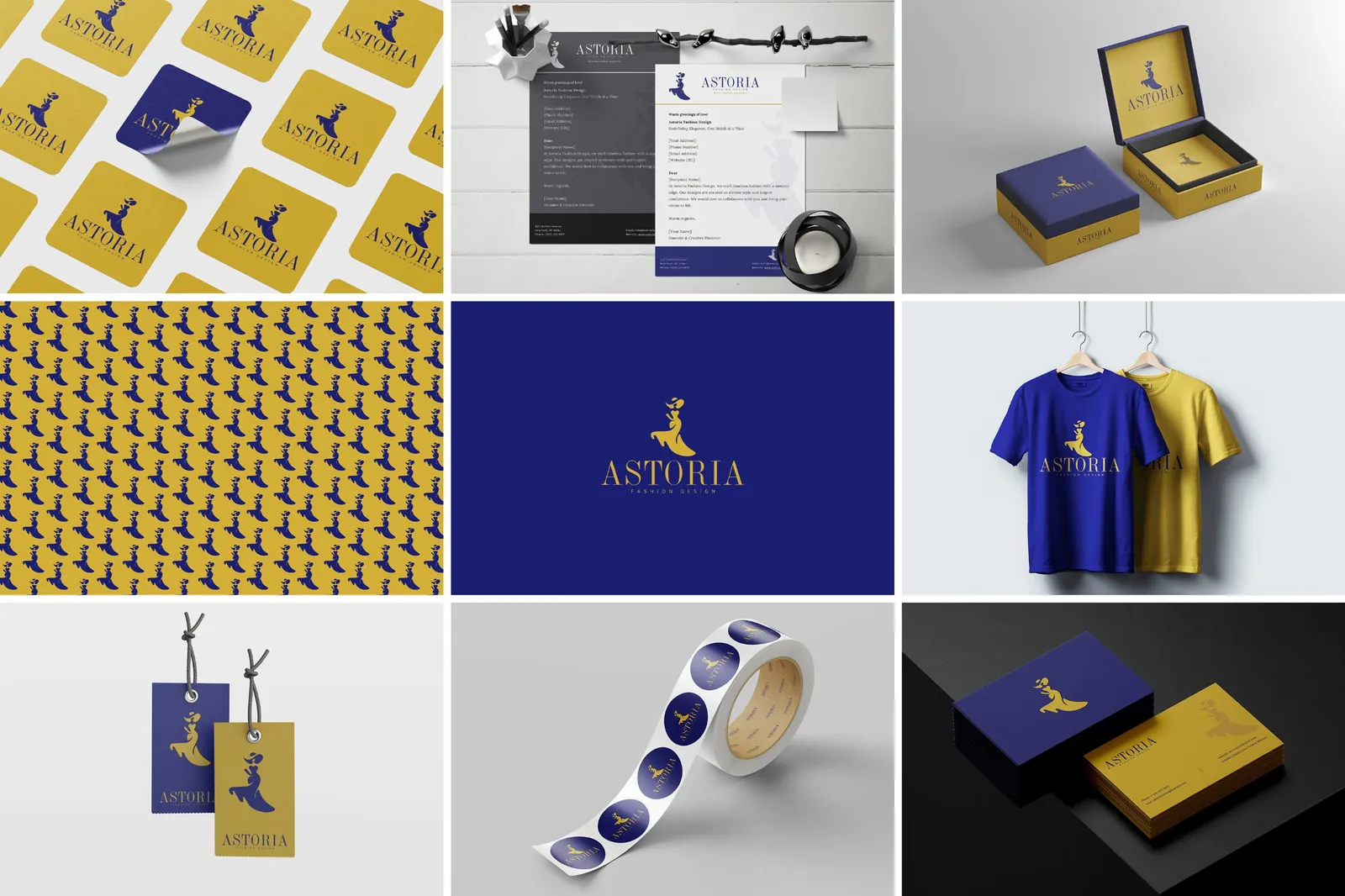 Astoria Fashion Design brand board: logo, stickers, stationery, gift boxes, pattern, tags and apparel in navy and gold