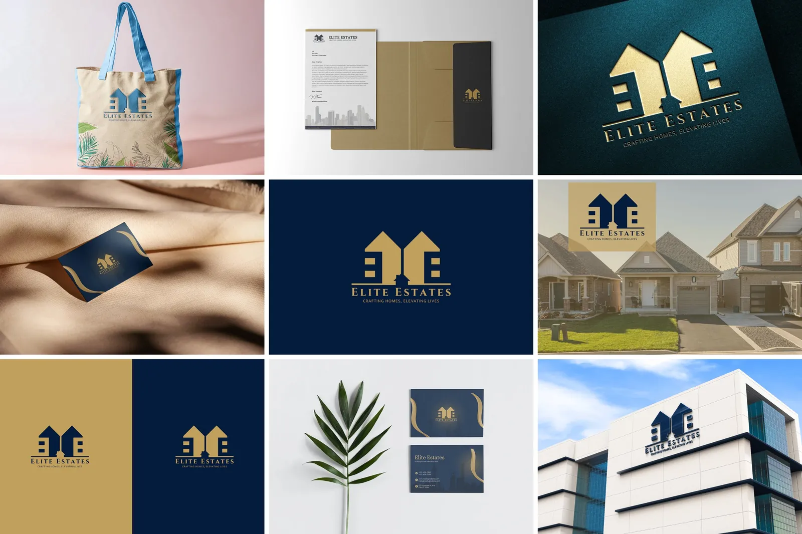 Elite Estates brand board: gold house-shaped logo on tote bag, letterhead, embossed card, signage and a building facade