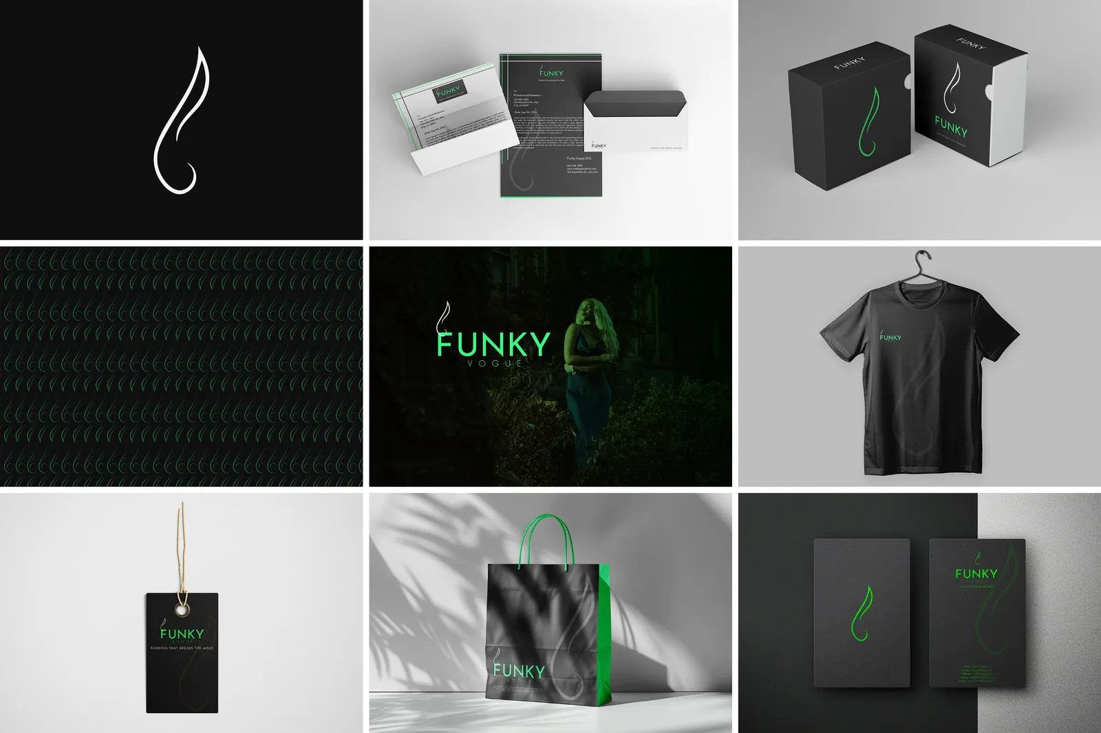 Funky Vogue brand board: flame mark, stationery, boxes, pattern, tag and shopping bag in black and neon green