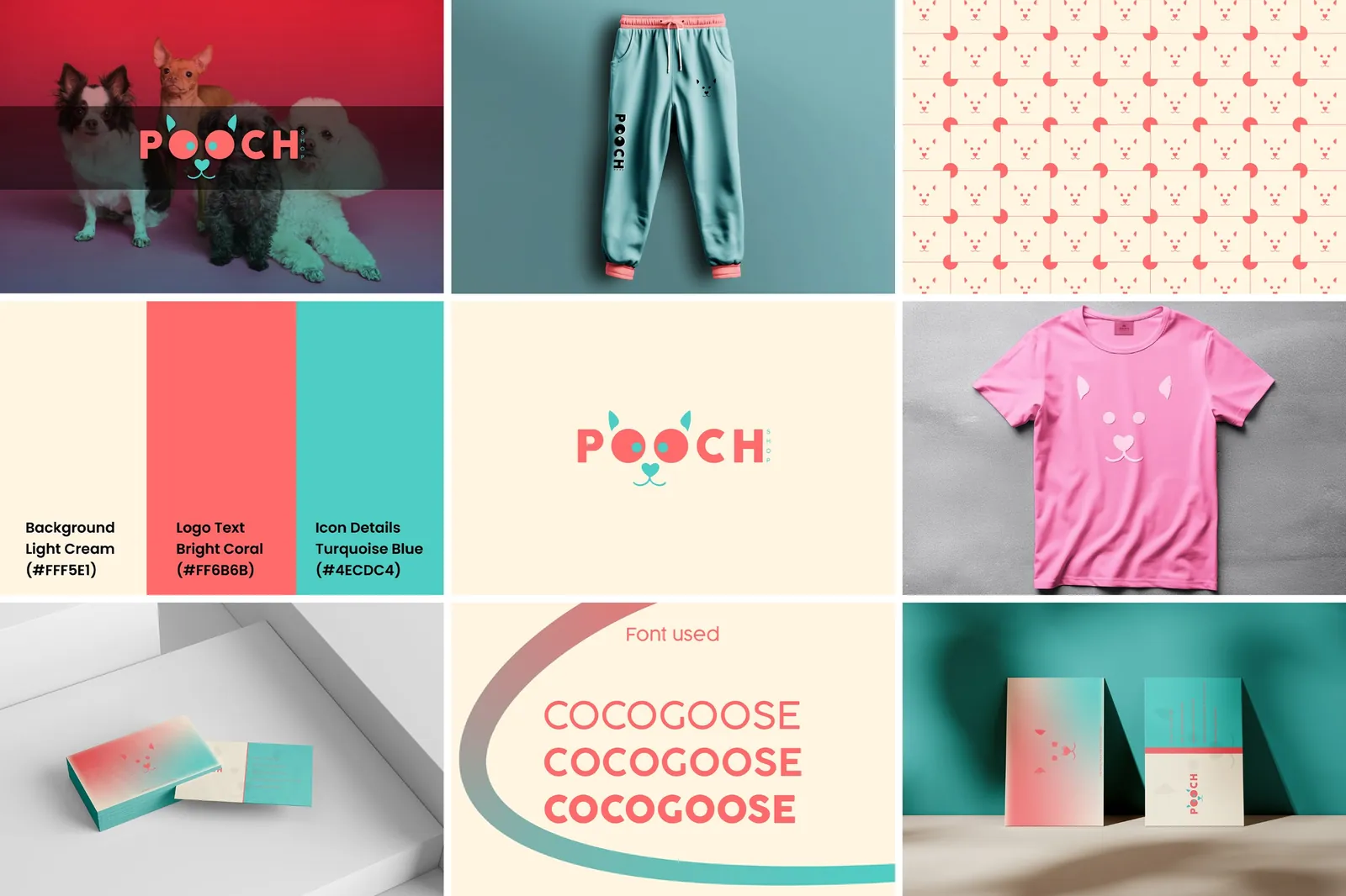 Pooch Shop brand board: dog-face logo, coral and turquoise palette, pattern, apparel, business cards and typeface sample