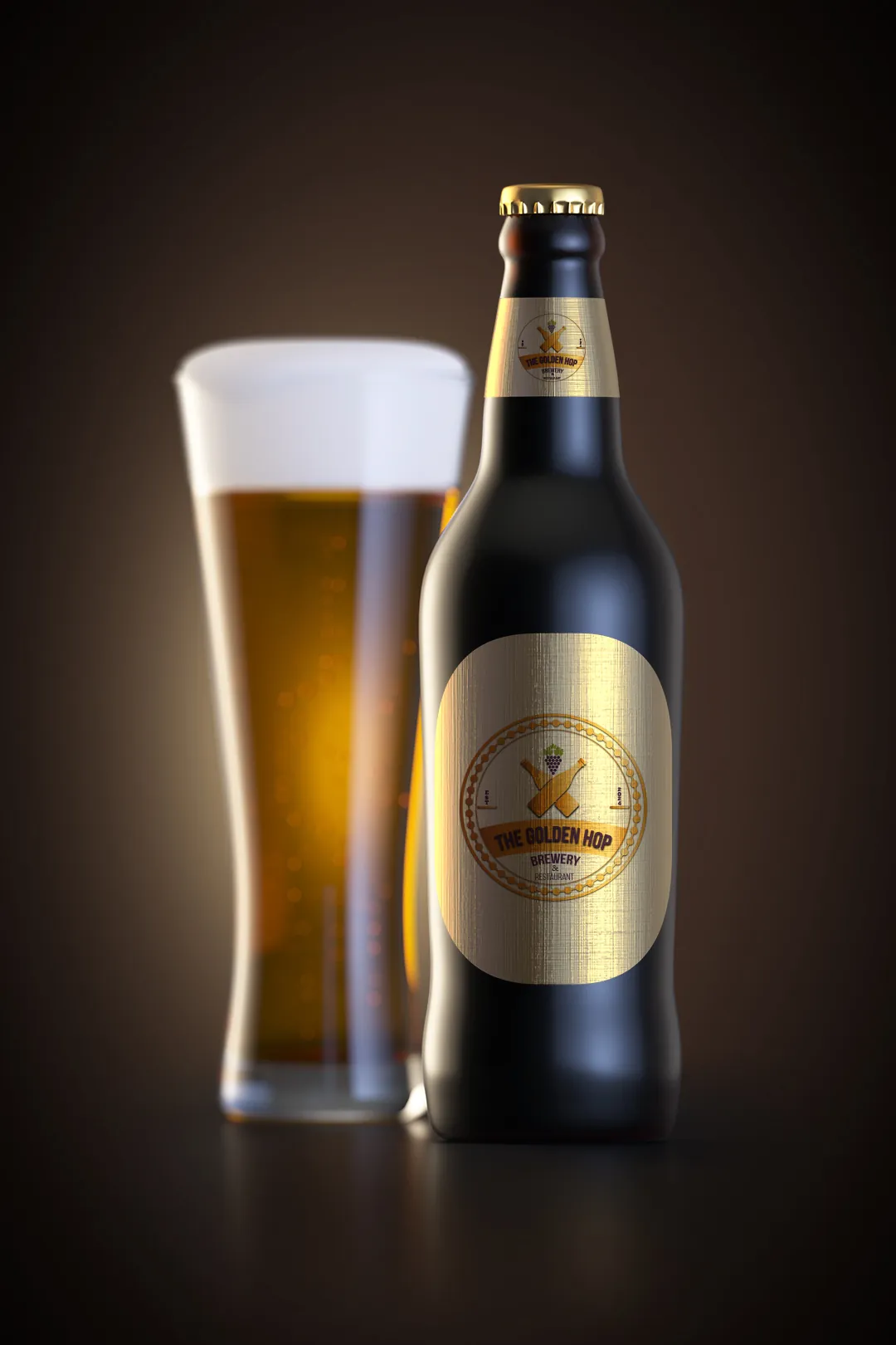 The Golden Hop brewery logo on a gold label on a dark beer bottle beside a full glass