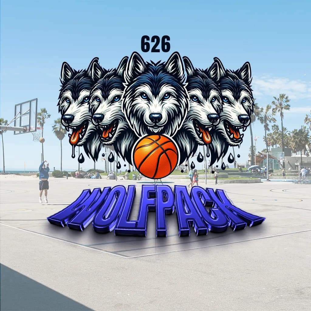 Wolfpack 626 basketball logo with five husky heads and a basketball above a blue 3D wordmark on an outdoor court