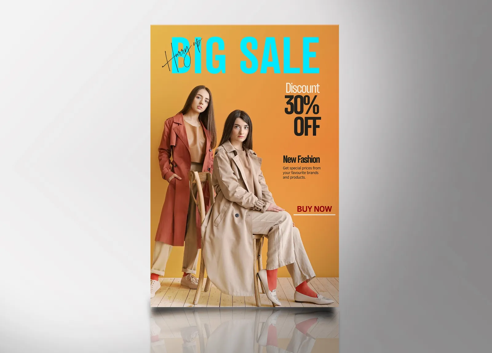 Big Sale fashion poster with two women in trench coats on an orange background and a 30 percent off callout