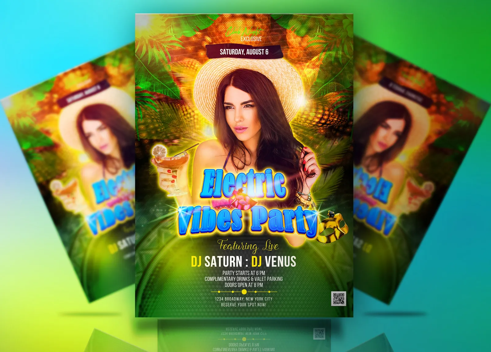 Electric Vibes Party flyer with a woman in a straw hat holding a cocktail on a green tropical background