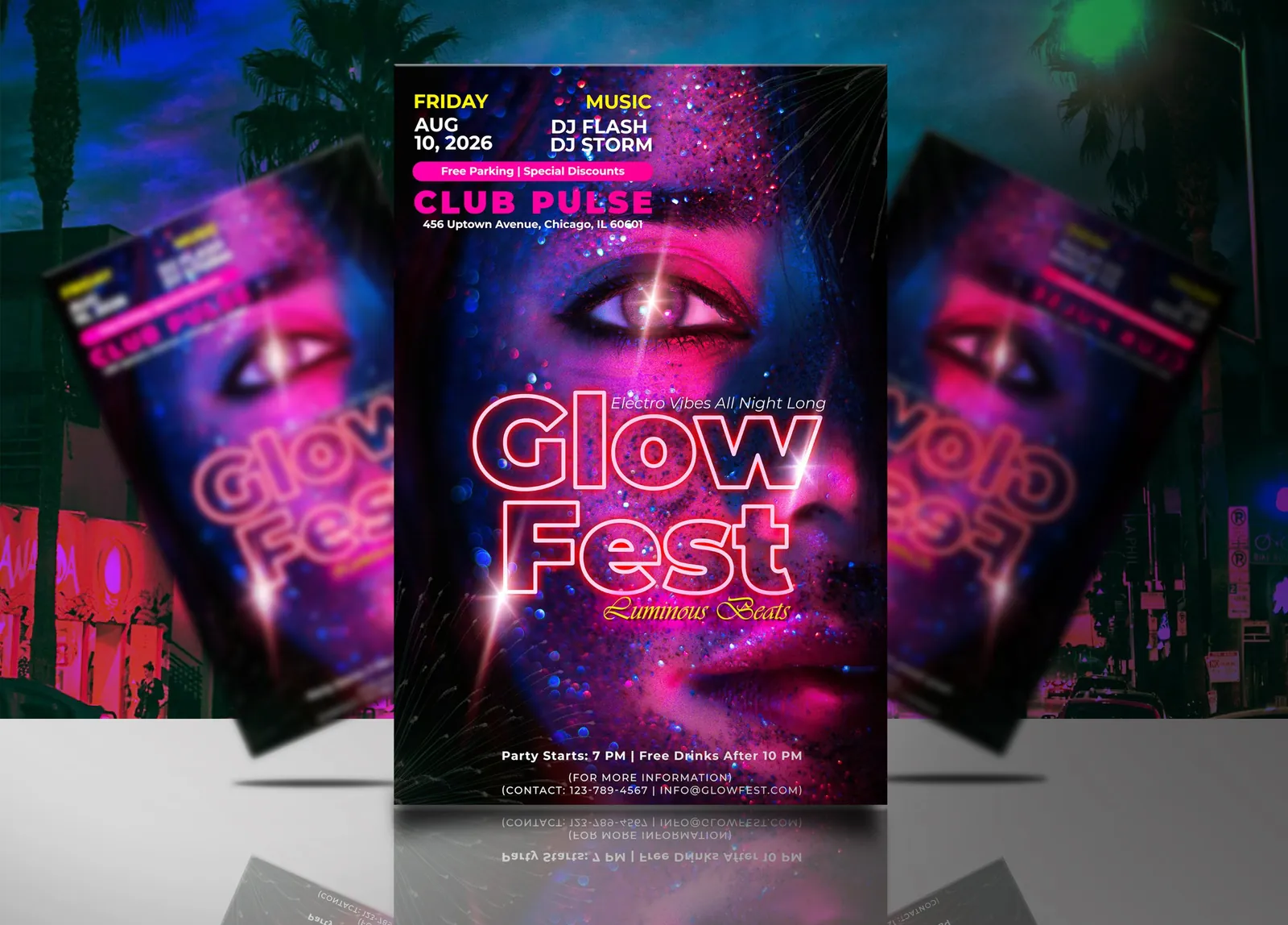 Glow Fest club night flyer with a glitter-painted face and neon outlined title, shown with two blurred copies behind