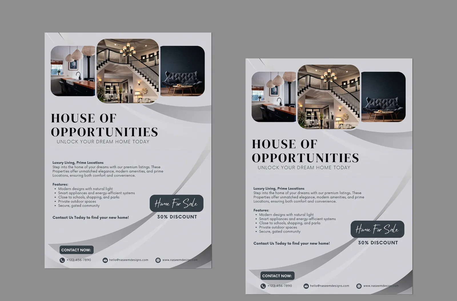 House of Opportunities real estate flyer in light grey with three rounded interior photos, shown in two layouts