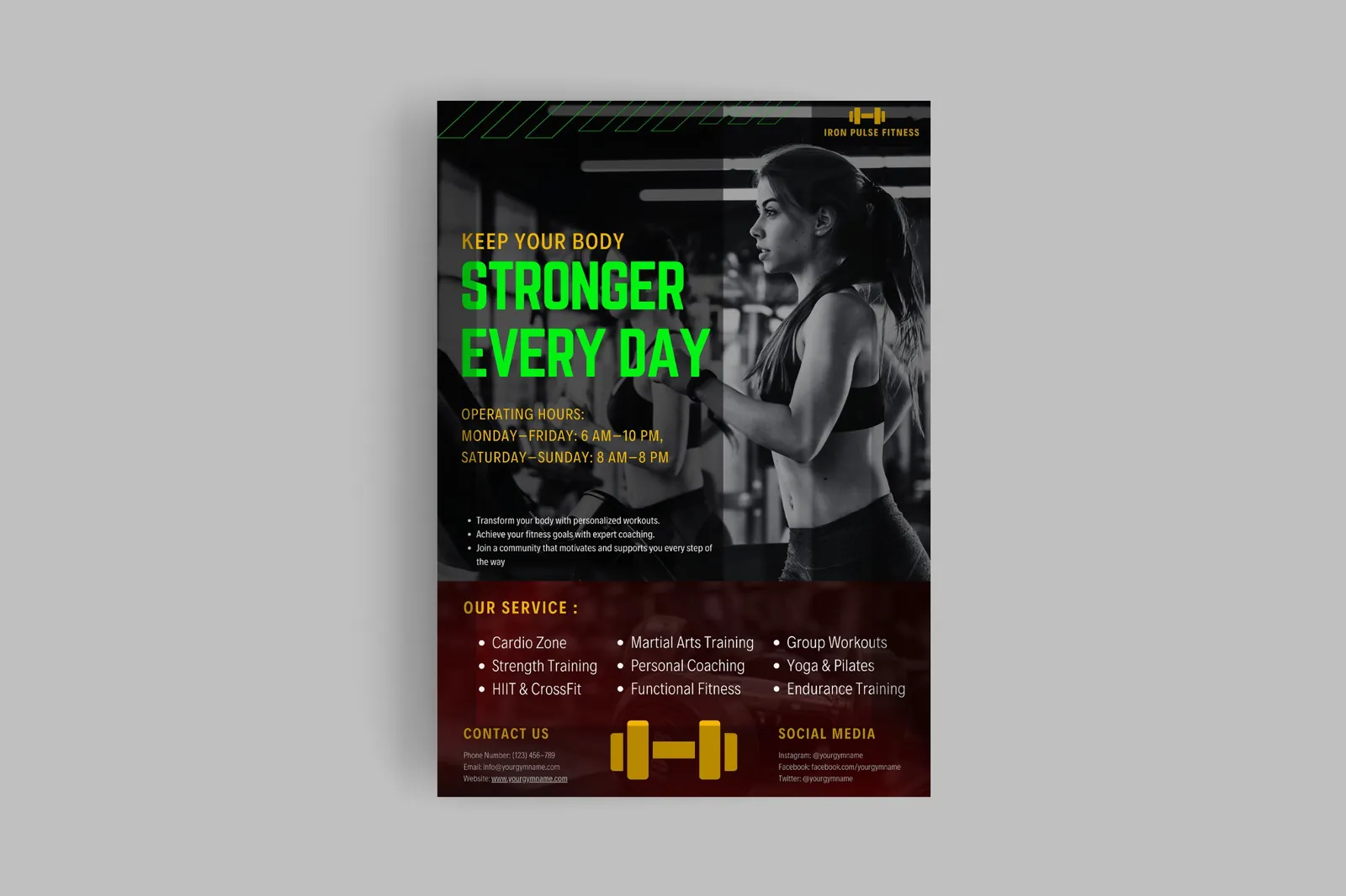 Iron Pulse Fitness flyer with a black and white gym photo, neon green headline and a red services panel
