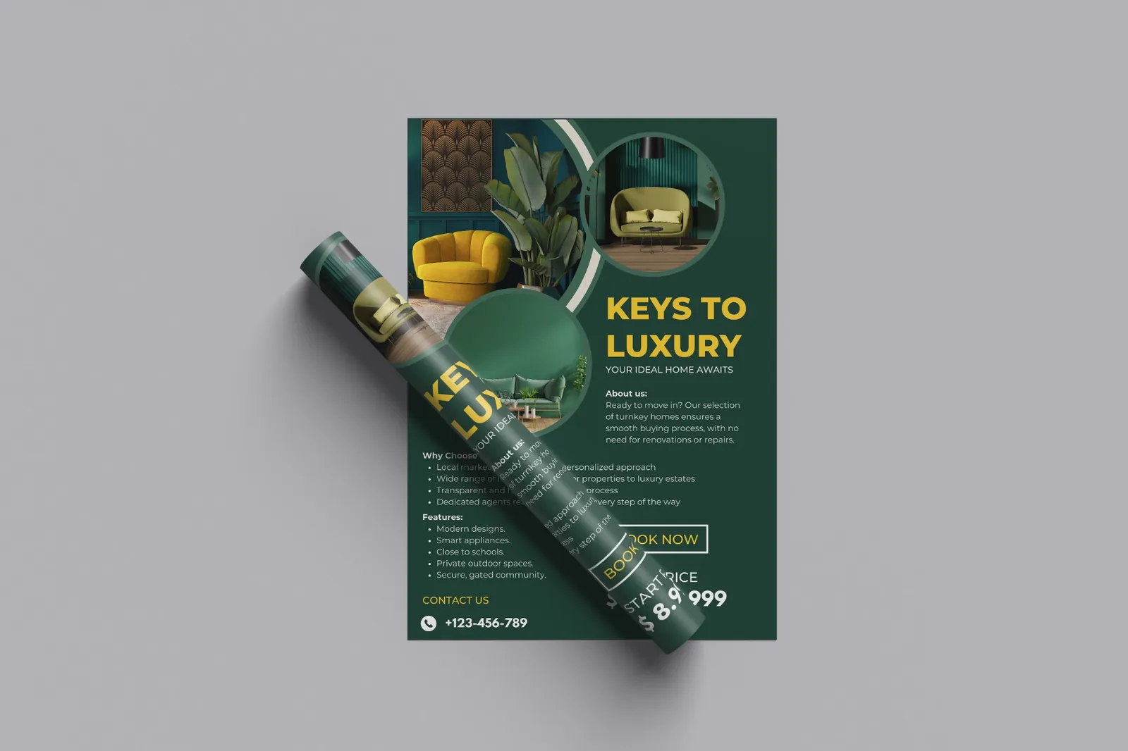 Keys to Luxury real estate flyer in deep green with circular interior photos, partly covered by a rolled copy