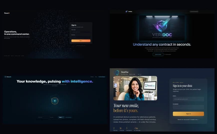 Four AI products we have built: FluxorX, Veridoc, PulsarIQ and DentiVue.