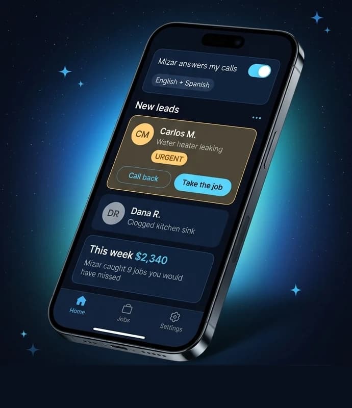 The Mizar app on a phone showing a new urgent lead, with a call back button and a take the job button.
